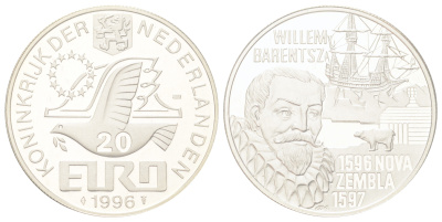 Нидерланды 20 евро 1996 Виллем Баренц X 123 серебро PROOF 11-039-11