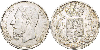 Бельгия 5 франков 1868 Леопольд II (1865-1909) KM 24 серебро 4184-612