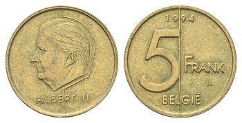 Бельгия 5 франков 1994 Belgie, Альберт II KM 190 алюминиевая бронза UNC 4706-411