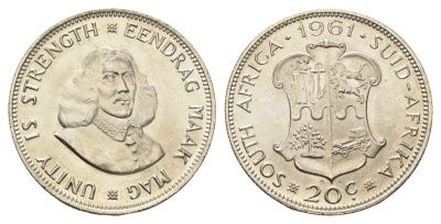 ЮАР 20 центов 1961 Ян ван Рибек KM 61 серебро UNC 1527-1411