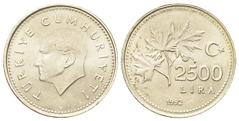 Турция 2500 лир 1992 KM 1015 никель бронза UNC 4700-131