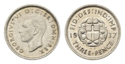 Великобритания 3 пенса 1937 Георг VI (1936-1952) KM 848, Spink 4085 серебро 4690-762
