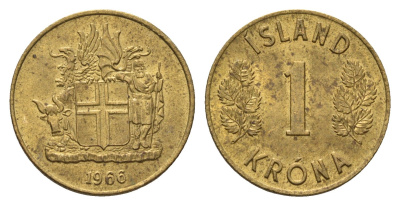 Исландия 1 крона 1966 KM 12a никель латунь aUNC 4695-531