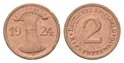 Германия игровой жетон в 2 рентенпфеннига 1924 диаметр 20 мм, вес 0,4 гр картон 4702-956