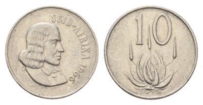 ЮАР 10 центов 1966 Ян ван Рибек (1619-1677), Suid Africa, легенда на африкаанс, цветок алоэ KM 68.2 никель 4694-561