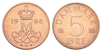 Дания 5 эре 1988 R;B, Маргрете II (1972-2024) KM 859 железо плакированная медью UNC 4708-1268