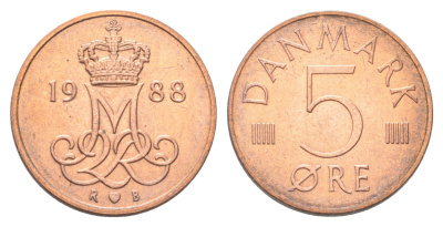 Дания 5 эре 1988 R;B, Маргрете II (1972-2024) KM 859 железо плакированная медью UNC 4708-1268