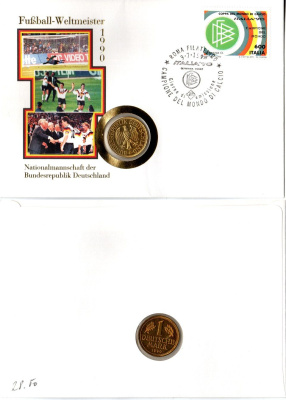 ФРГ 1 марка 1990 в конверте с маркой (КПД - Конверт первого дня Гашения) KM 110, J. 385 медно-никель, золочение UNC 9005-58