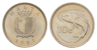 Мальта 10 центов 1991 золотая макрель KM 96 медно-никель UNC 4688-955