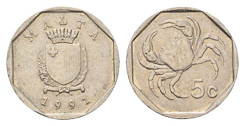 Мальта 5 центов 1991 краб KM 95 медно-никель 4702-511