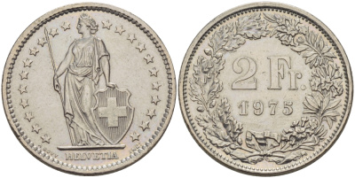 ШВЕЙЦАРИЯ 2 ФРАНКА 1975 KM 21а.1 медно-никель 32-1234