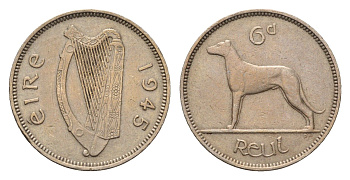 Ирландия 6 пенсов 1945 собака, ирландский волкодав KM 13a медно-никель 4649-639