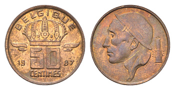 Бельгия 50 сантимов 1987 Belgique, Бодуэн I (1951-1993) KM 148 бронза UNC 4705-235