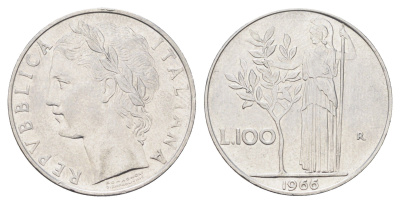 Италия 100 лир 1966 R, Афина в доспехах KM 96.1 нержавеющая сталь 4704-713