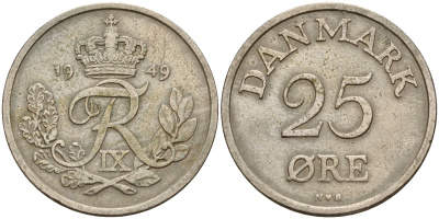 Дания 25 эре 1949 N; S, Фредерик IX (1947-1972) KM 842.1 медно-никель    4601-847