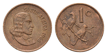 ЮАР 1 цент 1966 Ян ван Рибек (1619-1677), South Africa, легенда на африкаанс, капские воробьи KM 65.1 бронза 4690-1147