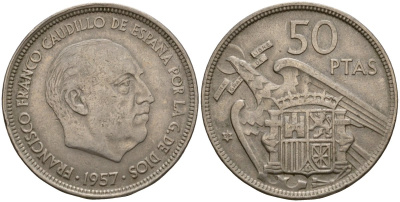 Испания 50 песет 1957 (59) Франсиско Франко (1939-1975) KM 788 медно-никель 4599-112