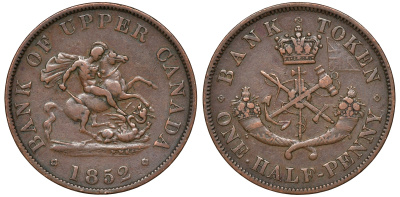 Канада 1/2 пенни 1852 банка Верхней Канады, upper canada CCT PC 5B2 , Breton His 720, KM Tn2 медь 1531-134