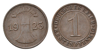 Германия 1 рентенпфенниг 1923 F KM 30, J. 306 бронза 46-2445
