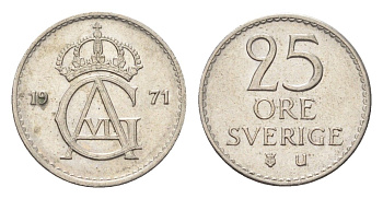 Швеция 25 эре 1971 Густав VI Адольф (1950-1973) KM 836 медно-никель 4702-1039