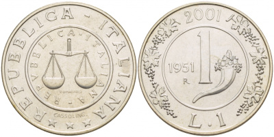 Италия 1 лира 2001 R, история лиры вес 6 гр. KM 220 серебро UNC 02-117-54