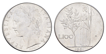 Италия 100 лир 1981 R, Афина в доспехах KM 96.1 нержавеющая сталь 4704-813