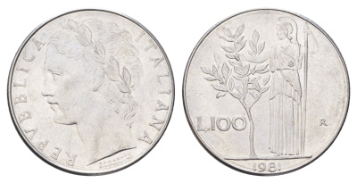 Италия 100 лир 1981 R, Афина в доспехах KM 96.1 нержавеющая сталь 4704-813