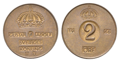 Швеция 2 эре 1966 TS Густав VI Адольф (1950-1973) KM 821 бронза 4705-917