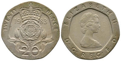 Великобритания 20 пенсов 1983 Елизавета II (1952-2022) KM 931, Spink 4230 (G1) медно-никель 3999-1223