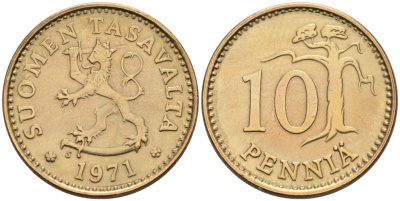 ФИНЛЯНДИЯ 10 ПЕННИ 1971 S KM 46 алюминиевая бронза 192-1035