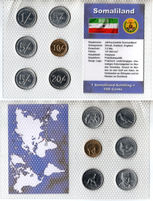 Сомалиленд набор из 6 монет (1, 5, 10 и 20 шиллингов) 1994, 2002 и 2005 в красочной упаковке с информацией о стране KM 1, 3, 5, 6 и 19 UNC 3-4-1-37