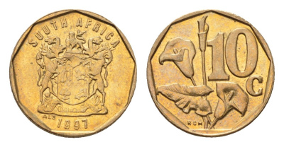 ЮАР 10 центов 1997 герб, цветок алоэ KM 161 сталь плакированная бронзой UNC 4694-733