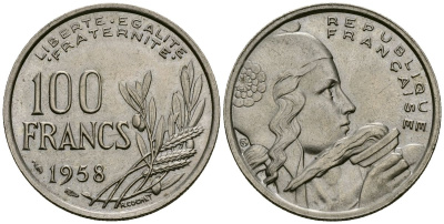 Франция 100 франков 1958 метка: крыло KM 919 медно-никель 4556-227