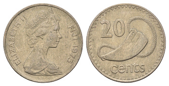 Фиджи 20 центов 1975 Елизавета II (1952-2022), китовый зуб KM 31 медно-никель 4698-1156