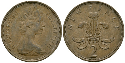 Великобритания 2 пенса 1971 Елизавета II (1952-2022) KM 916, Spink 4235 (C1) бронза 4167-527
