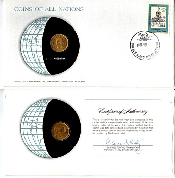 Аргентина 50 сентаво 1975 конверт с маркой первого дня гашения, Coins of Nations KM 68 латунь UNC 4294-65-3