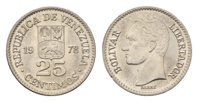 Венесуэла 25 сентимо 1978 Симон Боливар Y 50 никель UNC 4697-469