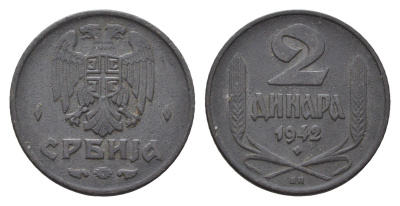 Сербия 2 динара 1942 год-тип KM 32 цинк 4686-1242