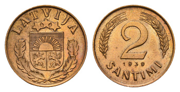 Латвия 2 сантима 1939 KM 11.2 бронза 4655-1164