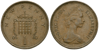 Великобритания 1 пенни 1974 Елизавета II (1952-2022) KM 915, Spink 4237 (B1) бронза 3309-735