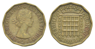 Великобритания 3 пенса 1964 Елизавета II (1952-2022) KM 900, Spink 4153 никель латунь 4643-464