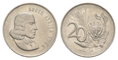 ЮАР 20 центов 1966 Ян ван Рибек (1619-1677), South Africa, легенда на английском, цветок протея KM 69.1 никель 4603-854