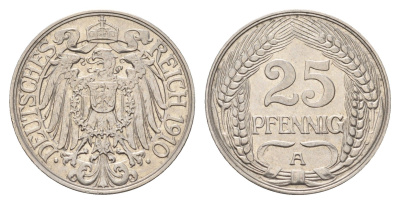Германия 25 пфеннигов 1910 A KM 18, J. 18 никель 51-433