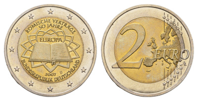 Германия 2 евро 2007 D, 50 лет подписанию Римского договора KM 259 биметалл aUNC 4693-953