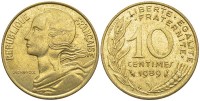 Франция 10 сантимов 1989 тип Marianne KM 929, le Franc 144.29 алюминиевая бронза 116-268