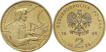 Польша 2 злотых 1999 MW, 150 лет со дня смерти Фредерика Шопена KM 365 нордик  UNC 4153-714
