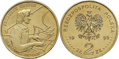 Польша 2 злотых 1999 MW, 150 лет со дня смерти Фредерика Шопена KM 365 нордик  UNC 4153-714