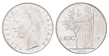 Италия 100 лир 1974 R, Афина в доспехах KM 96.1 нержавеющая сталь 4704-722