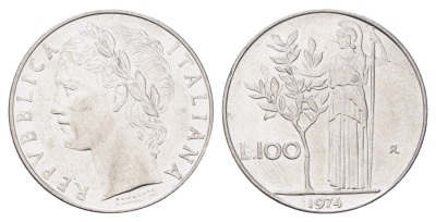 Италия 100 лир 1974 R, Афина в доспехах KM 96.1 нержавеющая сталь 4704-722