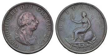 Великобритания 1/2 пенни 1799 Георг III (1760-1820) KM 647, Spink 3778 медь 603-1415
